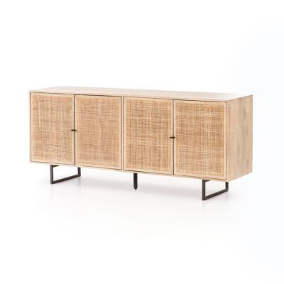 Front view of Natural Mango Wood and Cane Buffet with Gunmetal Finished Legs.
