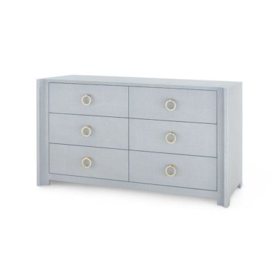 A large blue dresser with six drawers, each featuring a gold handle, set against a white background.