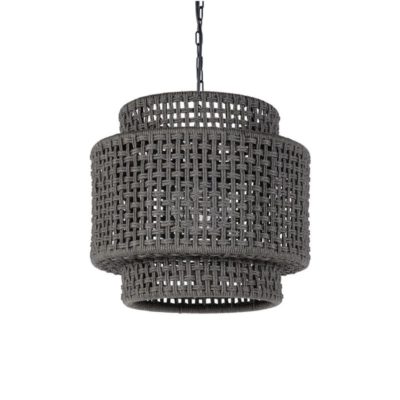 Brunswick Outdoor Drum Chandelier hanging from ceiling with black metal chain and bulb