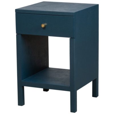 Small, dark navy blue nightstand with a single open shelf.