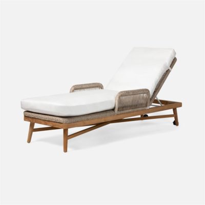 Elegant outdoor chaise lounge with natural twisted faux wicker and teak frame featuring a comfortable white cushion Also available in slate rope