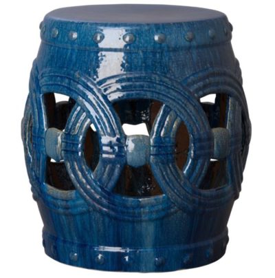 A large, hand-fired and glazed garden stool with a blue-green color and intricate design details.