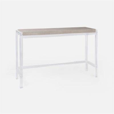 Modern console with a clear acrylic base and a sand faux shagreen top. Sleek and contemporary design.