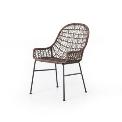 Modern wicker outdoor dining chair with black iron frame, available in distressed grey and vintage white finish options.