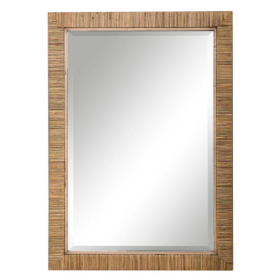 Bamboo-wrapped rectangular mirror with beveled edge, suitable for both horizontal and vertical mounting.