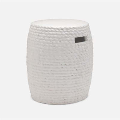 A large, wicker-like garden stool with a textured, rope-inspired design and a white glaze finish.