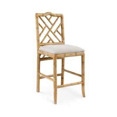 Faux Bamboo Fretwork counter stool with linen cushion, in limed oak finish, Chippendale chinoiserie style.