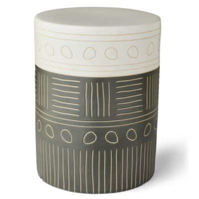 Hieroglyphic garden stool with a white and gray matte finish, featuring an intricate design that includes geometric patterns and symbols.