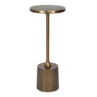 A sleek, modern side table featuring a large, gold-toned metal base with a cylindrical top.