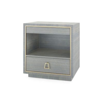 A sleek, two-drawer side table with a slate blue grasscloth finish and champagne accents.