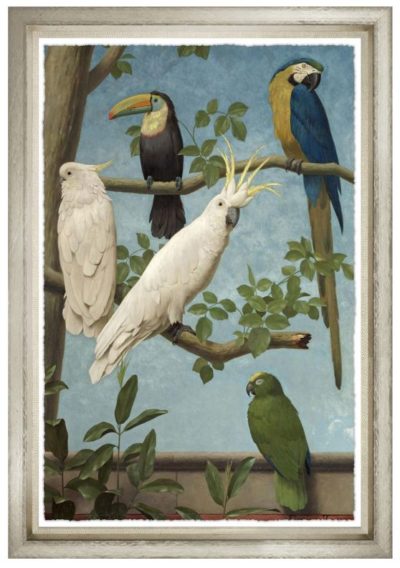 A framed artwork depicting a collection of colorful birds perched on branches, with a serene background, set within a contemporary silver frame.