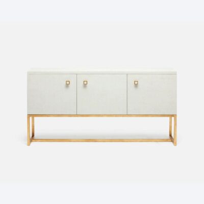 Front view of a minimalist Kincaid buffet featuring three doors, faux shagreen finish in snow, and elegant gold metal pulls.