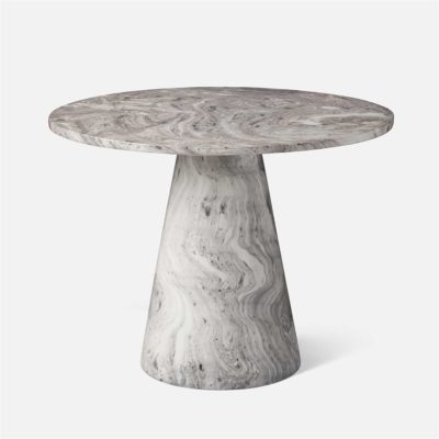 The image showcases a tall round side table with a unique and striking design It features a marble pattern that creates an