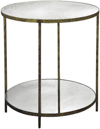 A round side table with a metal frame, adorned with a reversed bevel antiqued mirror on the top tier.