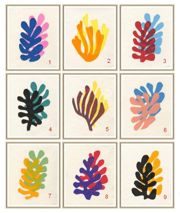 Colorful framed prints featuring double leaves in various shades, perfect for adding a pop of color to any space.