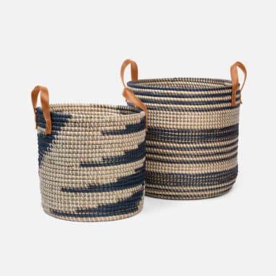 Striped seagrass baskets with leather handles available in two colors blue and green The set includes three baskets one large and two