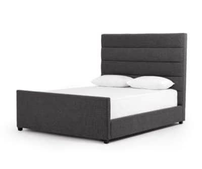 Grey upholstered bed with footboard and wooden frame