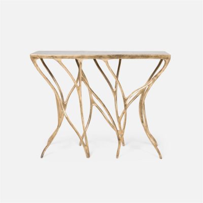 This image displays a small elegant console table with an intricate metal frame design The tabletop features an asymmetrical branch detail and