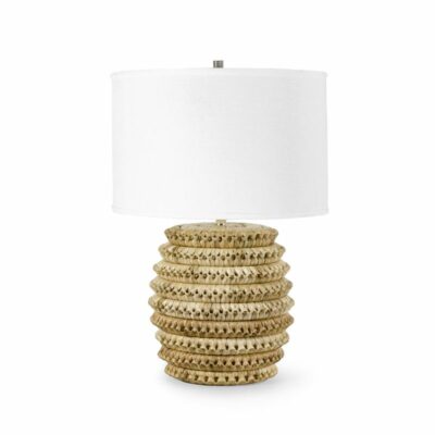 Blonde Pole Rattan Lamp with white round drum shade and gold accents, showcasing its 3-way turn key functionality against a white background.