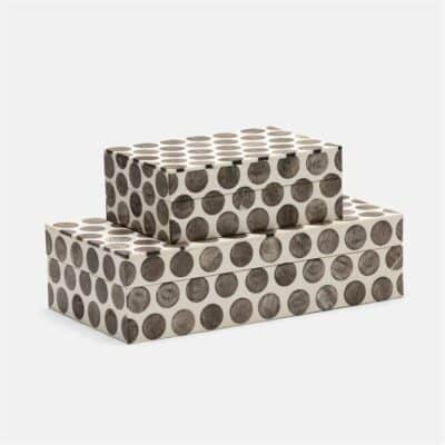 Three stylized wooden crates with a polka dot design, stacked in ascending order against a white background.