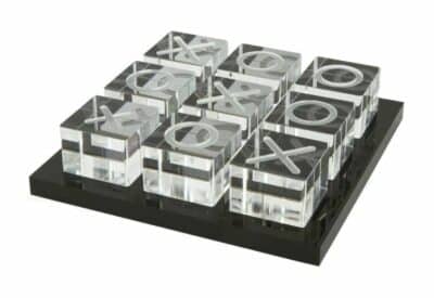 Clear and black acrylic tic tac toe set with Xs and Os on cubes