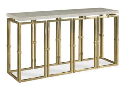 Inlaid Crystal Top Console Table with Brass Interlocking Rectangle Base.