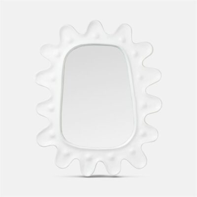 Contemporary white starburst mirror with a paper maiche frame, set against a neutral background.