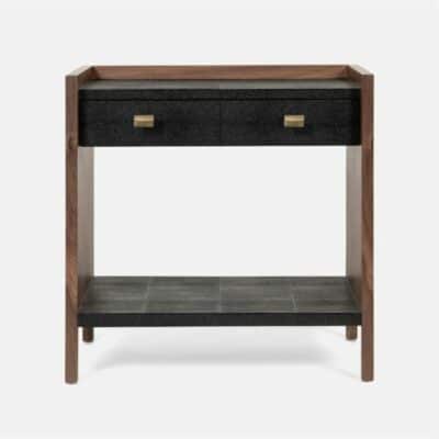 George side table with faux shagreen top and walnut veneer base, vintage black finish.