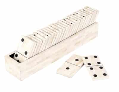 A set of white dominoes with black dots in a bone box.