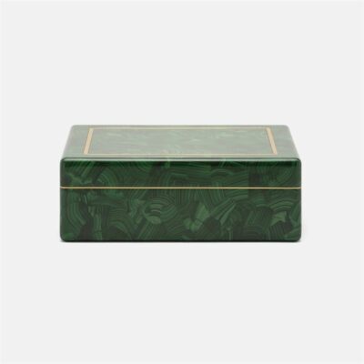 Small green faux malachite box with brass trim, high gloss finish.