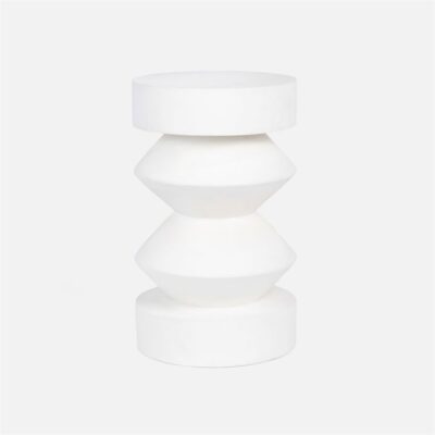 Stacked geometric stool in matte white acacia wood.