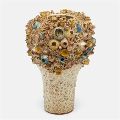 Coral inspired stoneware vase in pastel glazes with unique variations, large 14" x 10" diameter.