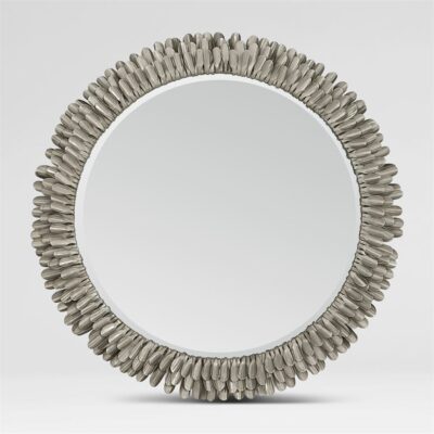 Wrapped metal form mirror with intricate feather or leaf design around reflective center.