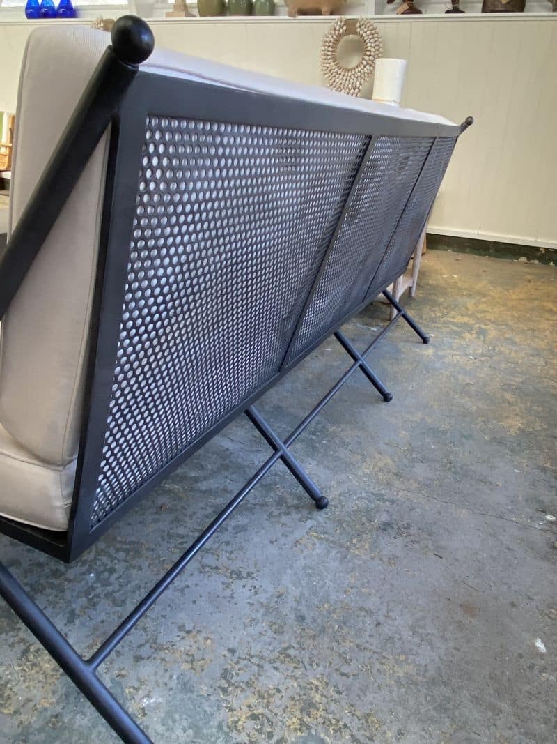The image showcases an outdoor camp sofa, featuring an ash grey metal frame and white alesk high performance fabric upholstery.