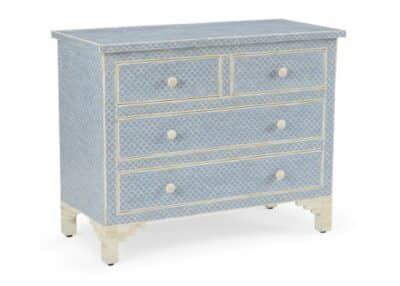 Aga Blue and White Geometric Chest with Bone Inlaid Pattern and Four Drawers.