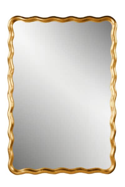 Small scalloped rectangle mirror with antique gold leaf art nouveau design and undulating moulding in an antique finish.