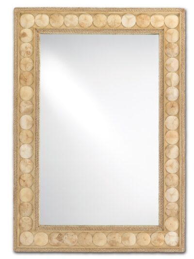 Rectangular mirror with abaca rope and coco shell accents.