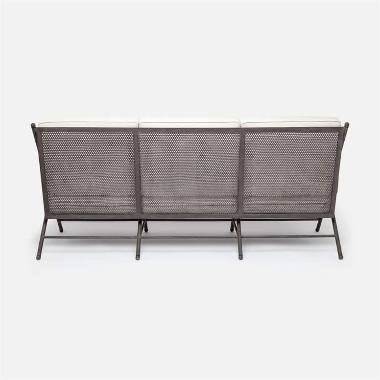 Outdoor Camp Sofa with white fabric and ash grey metal frame in a side view.