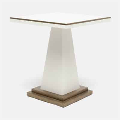 Pedestal shaped faux Belgian linen side table with dark navy or white top and brass gold tiered base.
