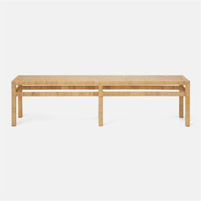 Large wrapped natural peeled rattan bench with base stretchers, available in small and medium sizes; side view showcases craftsmanship.