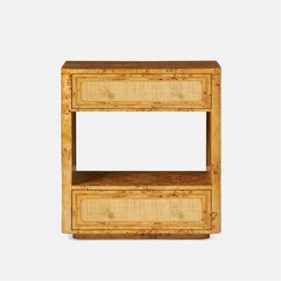 Satin Mappa Burl nightstand with raffia and golden knobs, available in smaller size.