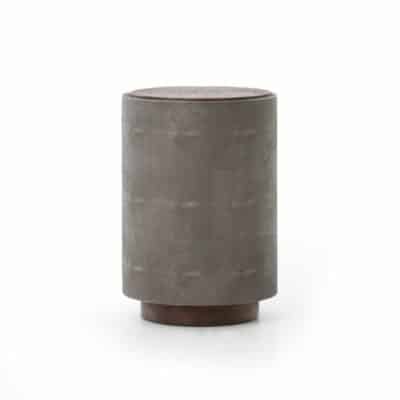 Grey faux shagreen and reclaimed wood side table with unique knots and graining.