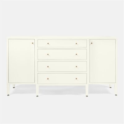 White faux raffia buffet with four drawers and two adjustable shelves, available in multiple colors.