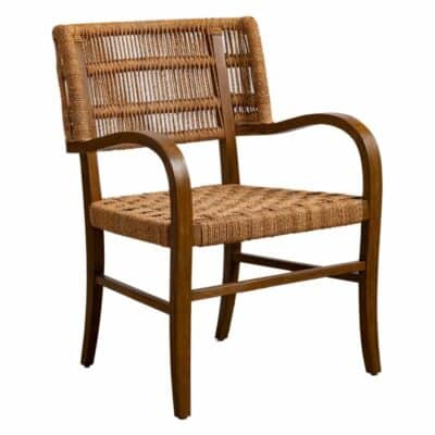 Woven armchair with dark wooden frame and natural wicker seat, showcasing texture contrast.