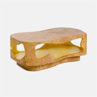 Abstract design wooden coffee table with gold interior.