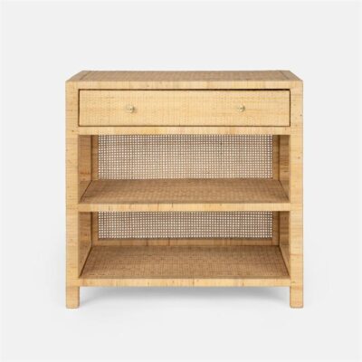 Large peeled rattan nightstand, double shelves and soft close drawer, with wood interior.