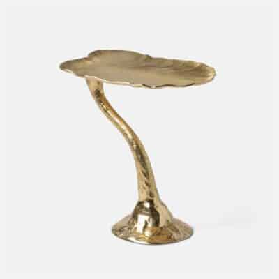 Large brass table with a lotus leaf design, standing on one leg.
