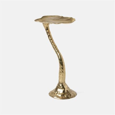 Small golden side table, brass lotus leaf design, polished finish