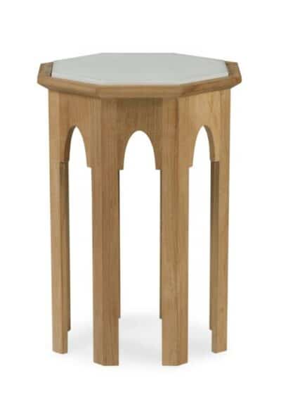 An octagonal teak and stone side table with a unique cast stone top, standing alone against a white background.