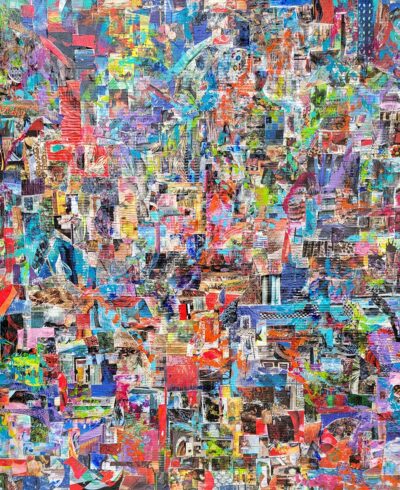 Abstract colorful artwork featuring a mix of vibrant hues and various shapes that appear to be cut out from different images forming